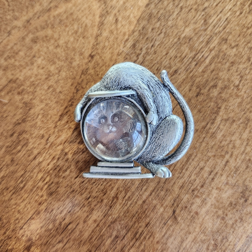 Vintage Signed JJ Pewter Cat in Lucite Fishbowl Pin Brooch